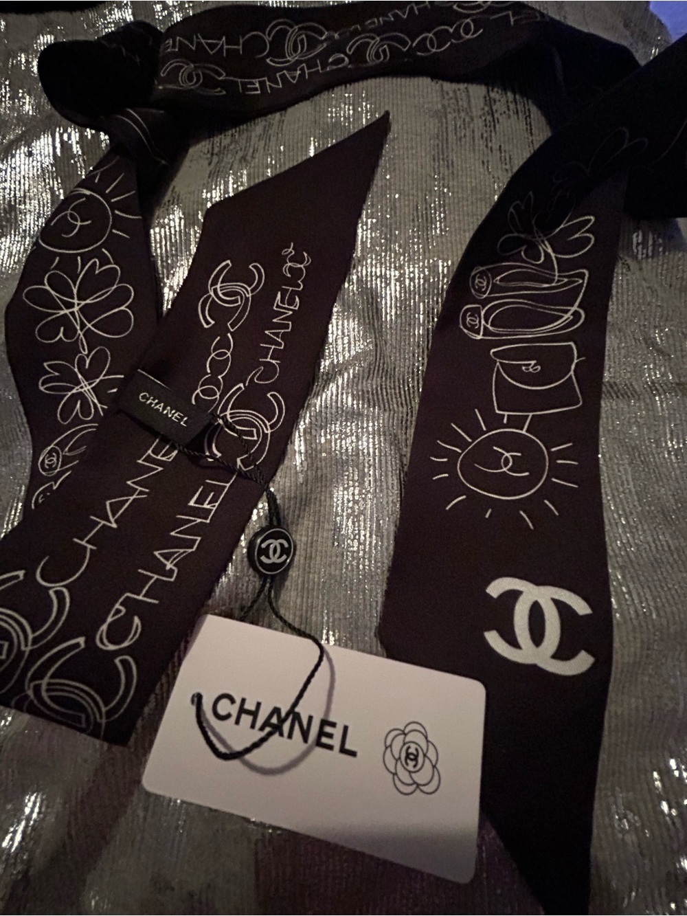 CC  Black Logo 100% Silk  Elegant Twilly Scarf